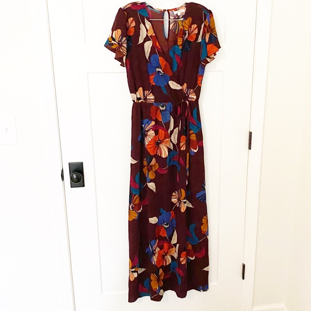 Maurice’s maroon floral maxi dress with short sleeve size XS